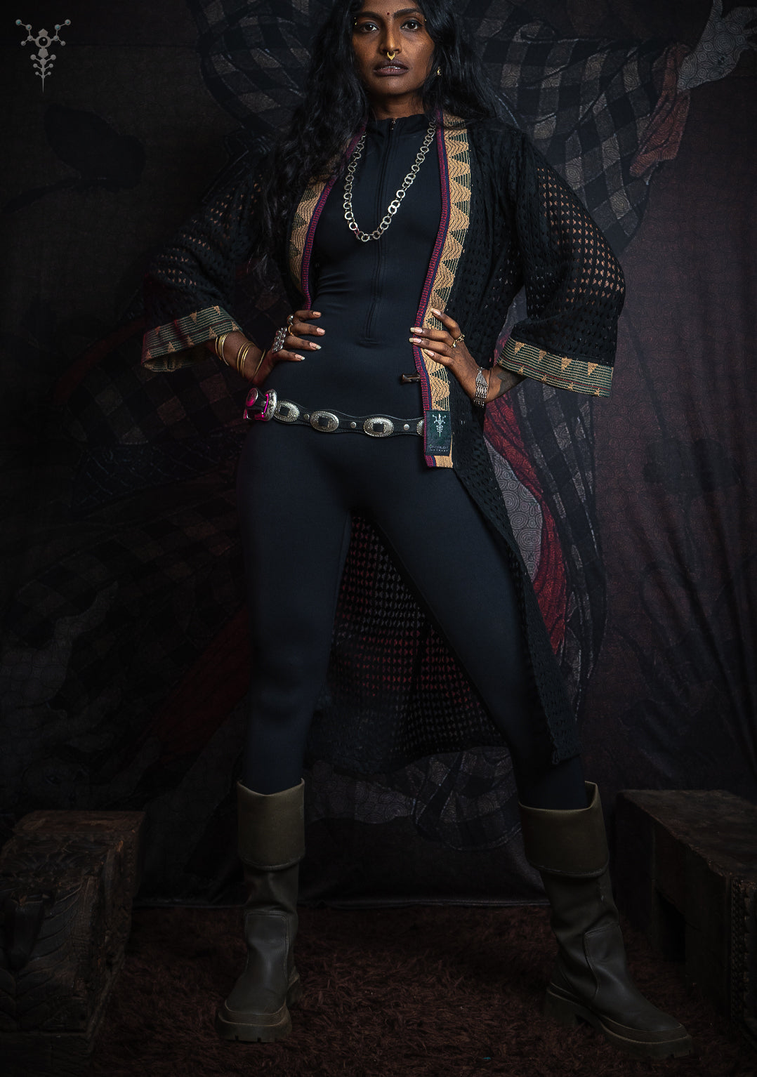 Open Kimono / Net Jaquard Border - Black NAGALAND
